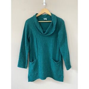 CMC Color Me Cotton Textured Cowl Neck Long Sleeve Tunic Top Teal Size SMALL USA